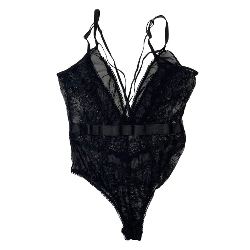 Oh La La Cheri Plunge Neck Black Floral Lace Teddy Sexy Sheer‎ Bodysuit Lingerie